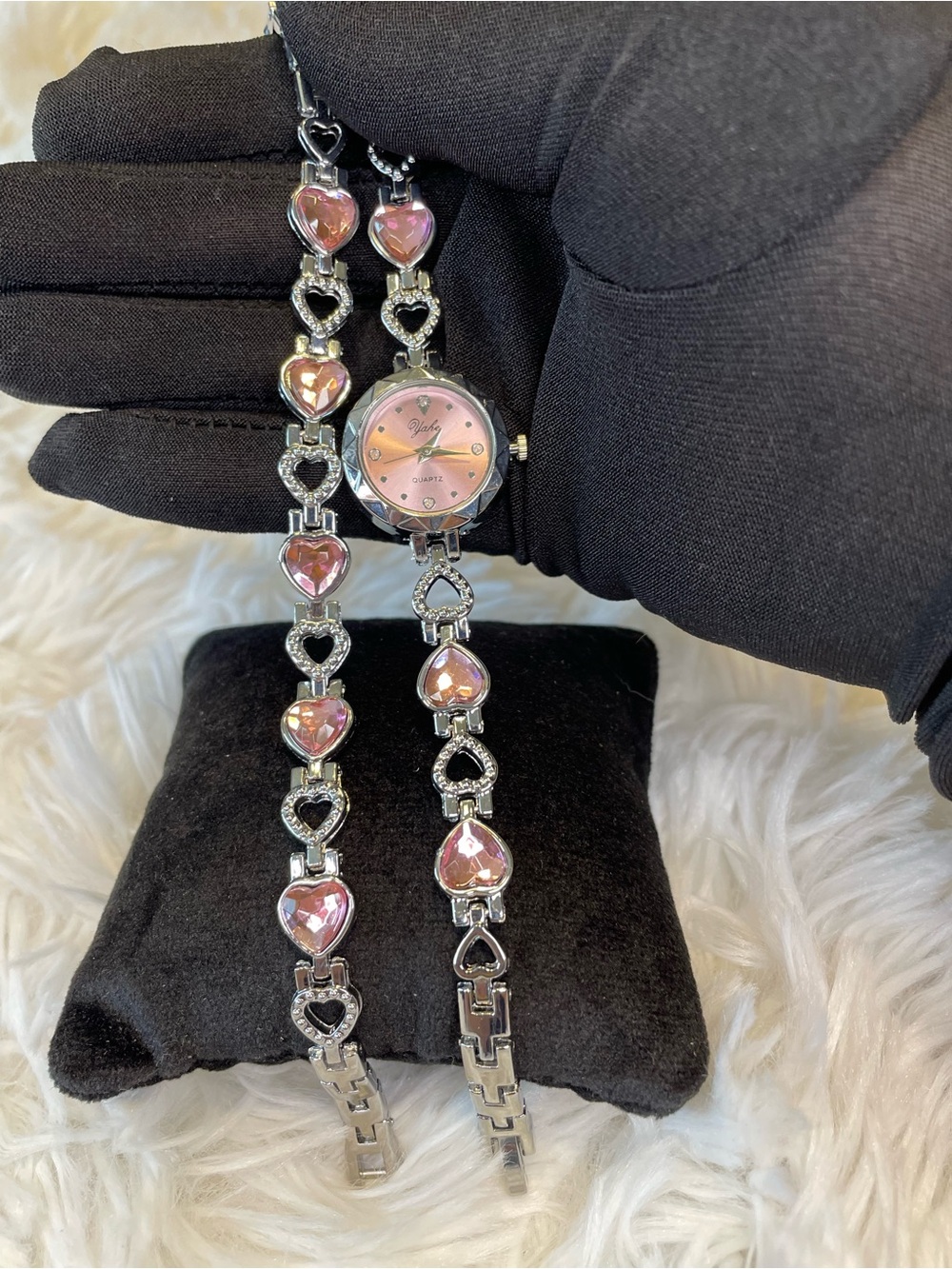 Elegant Pink Heart Bracelet Watch & Matching Bracelet